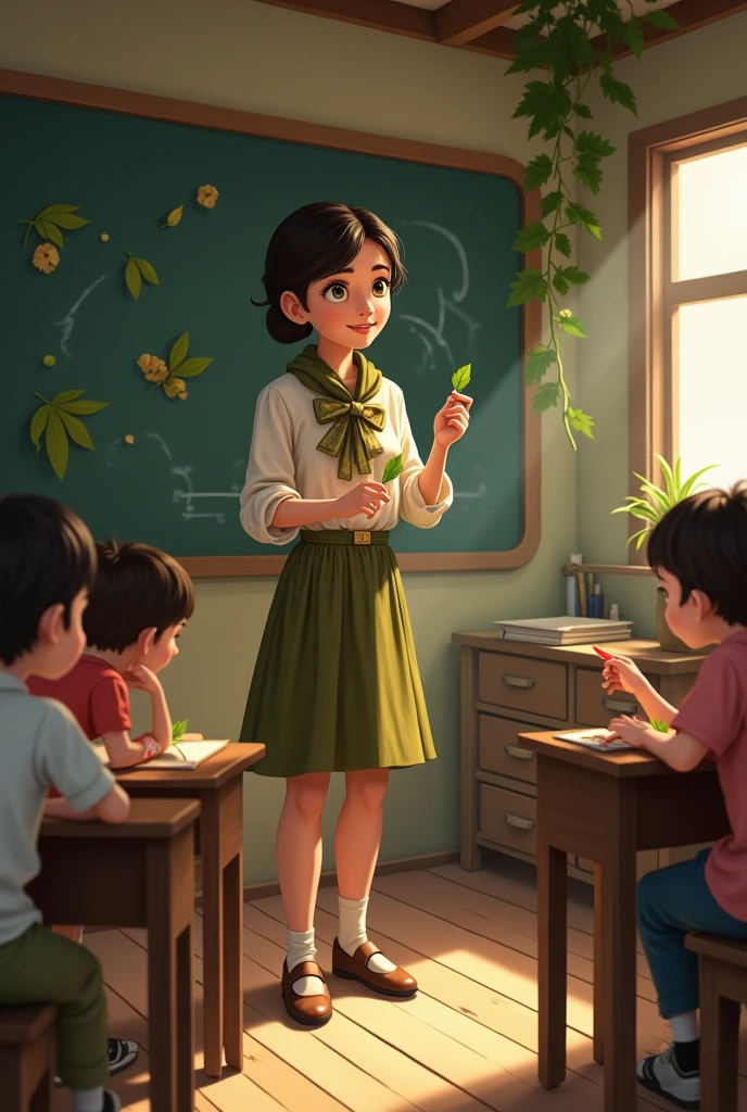 Depict the young woman teaching children basic skills like reading, writing, and arithmetic in a simple rural schoolhouse. She is dressed in modest 1980s attire suitable for teaching, but incorporates elements of nature into her lessons. Show her using leaves or flowers to teach about shapes or using a chalkboard with a nature-inspired theme. Use soft lighting that highlights the shadows of the classroom and the engaged faces of her students. Highlight her creative use of natural materials