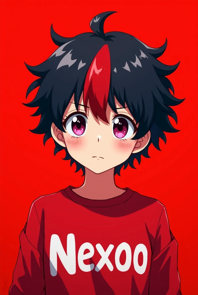 Tell me more about a boy, he has curly hair and a red stripe in front and he should look like in an anime, he has a red sweater with Nexoo written on it in white letters, the background should be bright red and he has a red stripe in front