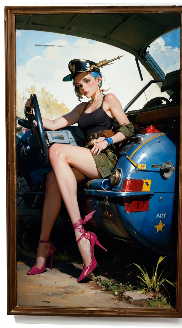 tank girl character, military helmet, piercings, shotgun, in a tank, (art inspired by Skottie Young and Bill Sienkiewicz). oil painting)