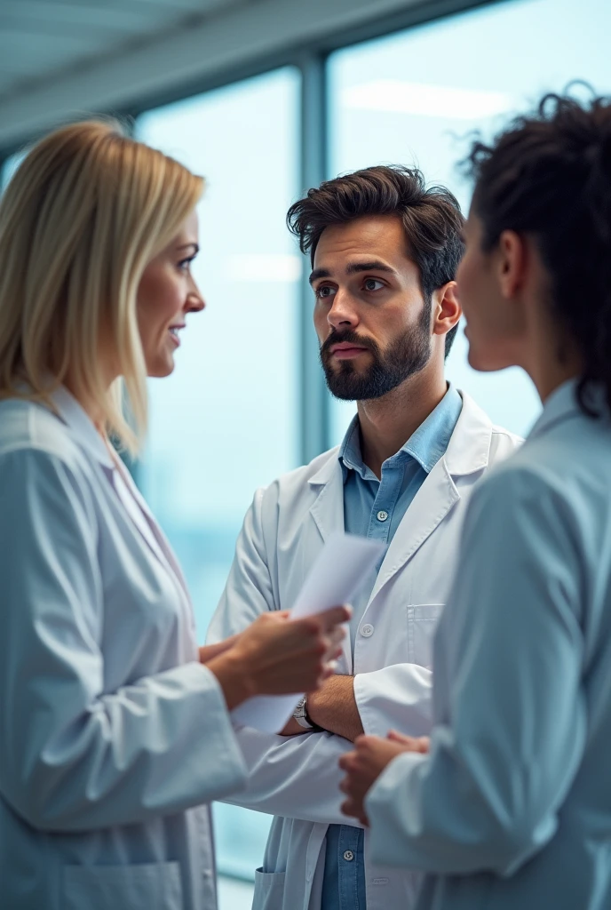 Three people are in the lab, they are wearing lab coats. One of them is mid 50s woman, blonde mid size hair and she is the auditor, holding some documents. One auditee is at early 30s man handsome with dark hair, beard and blue eyes, other auditte is middle 30s woman with middle sized dark curly hair, hair not binded, from Turkey. All three's faces are visible.