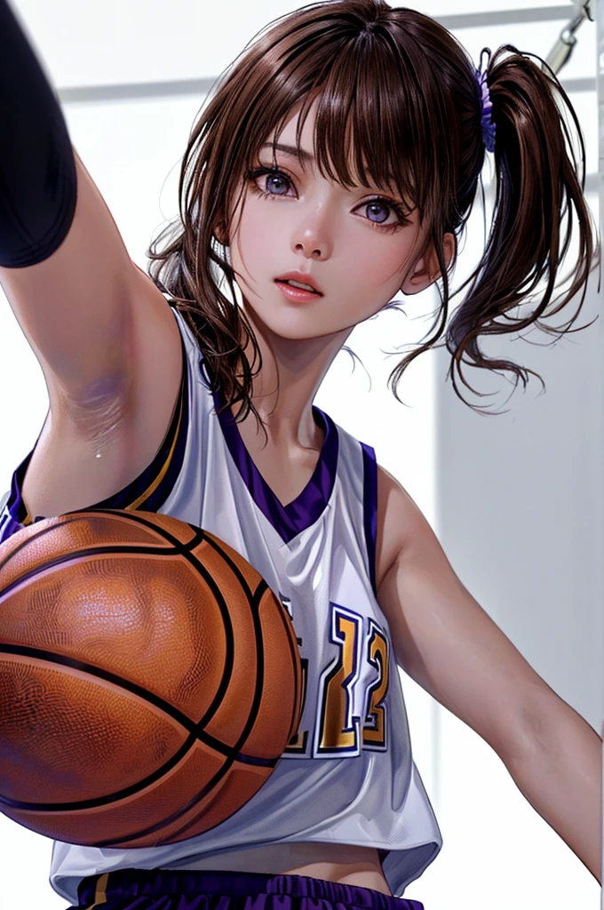 (((Frame In、Pure white wall background、Highest quality、8k、32K、masterpiece)))、(Realistic)、(Realistic:1.2)、(High resolution)、Very detailed、Very beautiful face and eyes、1 person、Round and small face、Tight waist、Delicate body、(close、Highest quality、Attention to detail、Rich skin detail)、(Highest quality、8k、Oil paints:1.2)、Very detailed、(Realistic、Realistic:1.37)、Bright colors、(((Brown Hair)))、(((Brown hair)))、(((Side Ponytail)))、(((Cowboy Shot)))、(((Bob Hair)))、(((The bangs are uniform)))、(((Pure white wall background)))、(((Wearing a basketball uniform)))、(((purple basketball outfit)))、(((A triumphant look)))、(((1 female)))、(((Tank top style uniform)))、