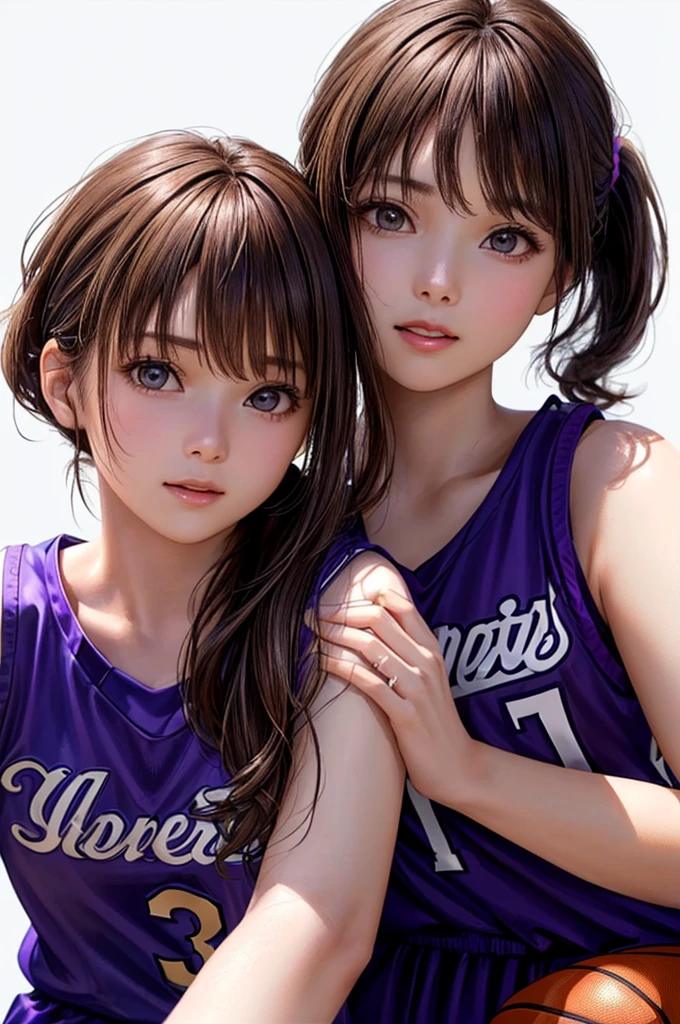 (((Frame In、Pure white wall background、Highest quality、8k、32K、masterpiece)))、(Realistic)、(Realistic:1.2)、(High resolution)、Very detailed、Very beautiful face and eyes、1 person、Round and small face、Tight waist、Delicate body、(close、Highest quality、Attention to detail、Rich skin detail)、(Highest quality、8k、Oil paints:1.2)、Very detailed、(Realistic、Realistic:1.37)、Bright colors、(((Brown Hair)))、(((Brown hair)))、(((Side Ponytail)))、(((Cowboy Shot)))、(((Bob Hair)))、(((The bangs are uniform)))、(((Pure white wall background)))、(((Wearing a basketball uniform)))、(((purple basketball outfit)))、(((A triumphant look)))、(((1 female)))、(((Tank top style uniform)))、