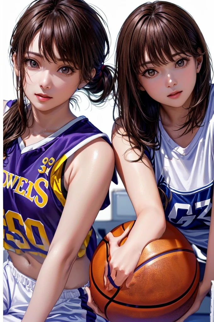 (((Frame In、Pure white wall background、Highest quality、8k、32K、masterpiece)))、(Realistic)、(Realistic:1.2)、(High resolution)、Very detailed、Very beautiful face and eyes、1 person、Round and small face、Tight waist、Delicate body、(close、Highest quality、Attention to detail、Rich skin detail)、(Highest quality、8k、Oil paints:1.2)、Very detailed、(Realistic、Realistic:1.37)、Bright colors、(((Brown Hair)))、(((Brown hair)))、(((Side Ponytail)))、(((Cowboy Shot)))、(((Bob Hair)))、(((The bangs are uniform)))、(((Pure white wall background)))、(((Wearing a basketball uniform)))、(((purple basketball outfit)))、(((A triumphant look)))、(((1 female)))、(((Tank top style uniform)))、