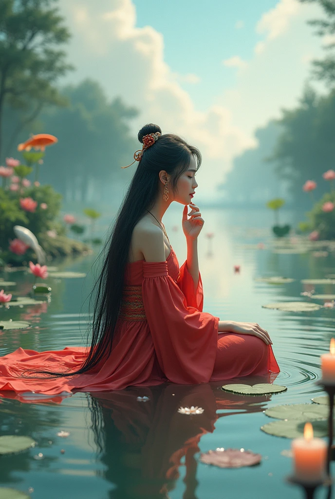 1girl, close eyes,The whole body, Sit in the water and look up into the sky,lily pad, long hair, candle, fish, solo, koi, flower, black hair, hair ornament, ripples, chinese clothes, lotus, red lips, hand on own face, wide sleeves, earrings, red dress, jewelry, long sleeves, sitting, sash, hand on own cheek, dress, hanfu, watermark, brown eyes, closed mouth, fire,3d, ultra - detailed, C4D, octane rendering, Blender, 8K,