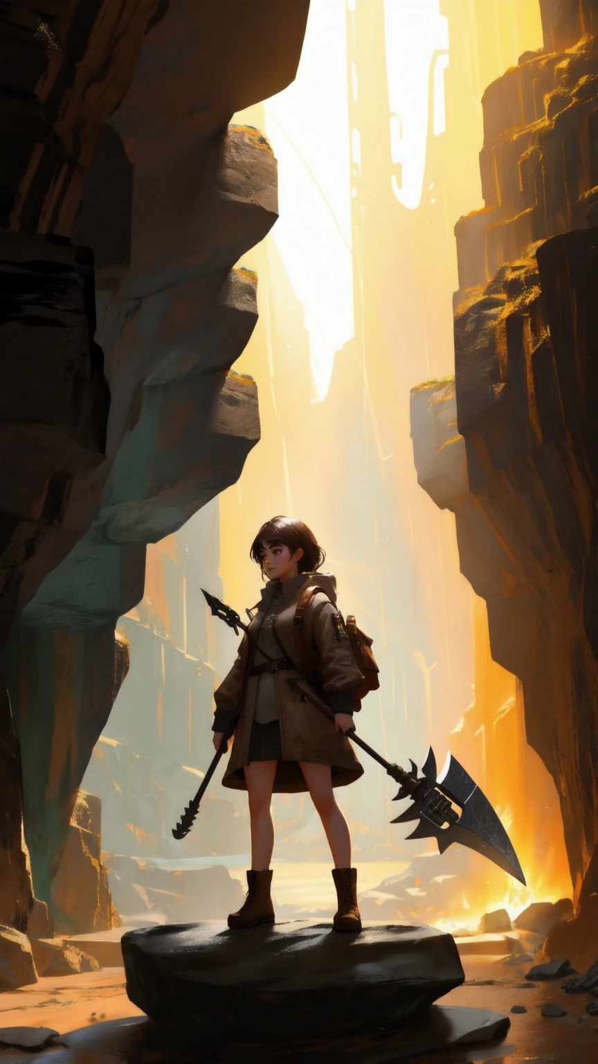 Create an underground scene with a beautiful, cute girl character holding a mining pickaxe in her hand, surrounded by large Bitcoin coins embedded in the rocky walls and ground. The entire setting should be inside a cave with golden-brown tones, where light beams filter through the cave's opening, casting a warm glow across the scene. The environment should reflect the theme of 'OG Crypto Dinosaur,' but with the dinosaur replaced by the girl while retaining the mining and cryptocurrency elements. The background must be predominantly brown, with intricate textures to enhance the cavernous feel.