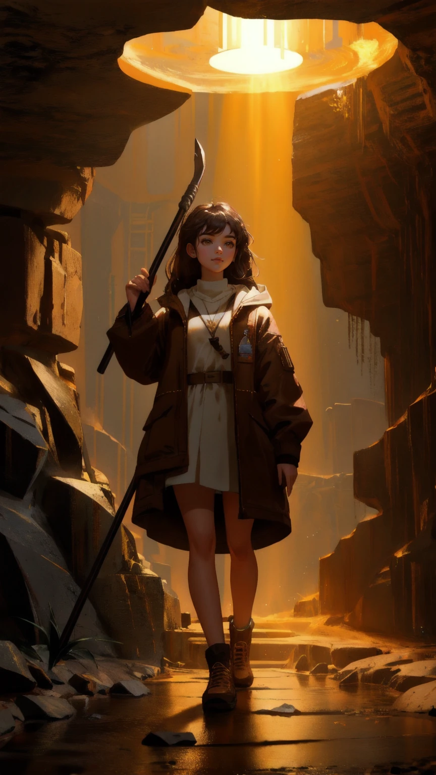 Create an underground scene with a beautiful, cute girl character holding a mining pickaxe in her hand, surrounded by large Bitcoin coins embedded in the rocky walls and ground. The entire setting should be inside a cave with golden-brown tones, where light beams filter through the cave's opening, casting a warm glow across the scene. The environment should reflect the theme of 'OG Crypto Dinosaur,' but with the dinosaur replaced by the girl while retaining the mining and cryptocurrency elements. The background must be predominantly brown, with intricate textures to enhance the cavernous feel.