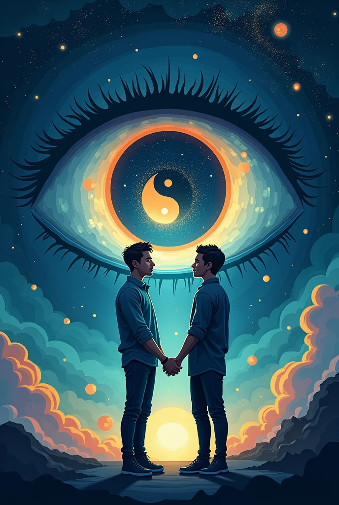 Create me a good book cover like the background is a some sort of the universe and in between or in any part, there is a big mysterious eye, and inside that eye, there is the symbol Yin and Yang, and create a two men holding hands, and show that they are really In love Make it fantasy vibes and make it simple but artistic , emphasize the Yin and Yang on the eye. Make it more cartoonish 