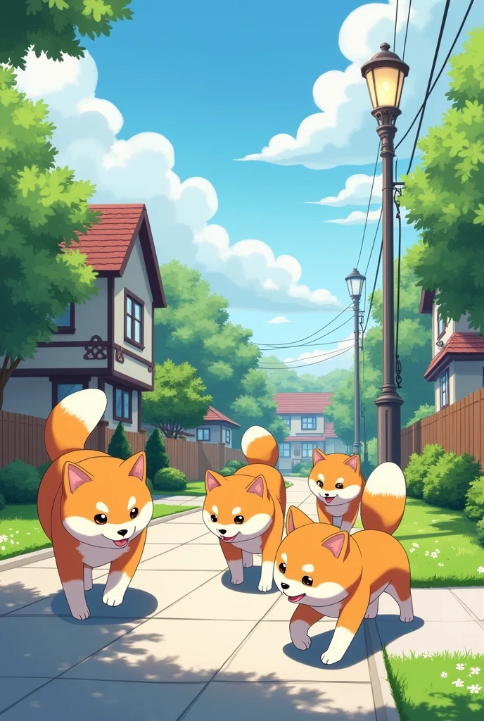 road，5 Shiba Inu，streetlight，sidewalk，house，daytime，suburbs