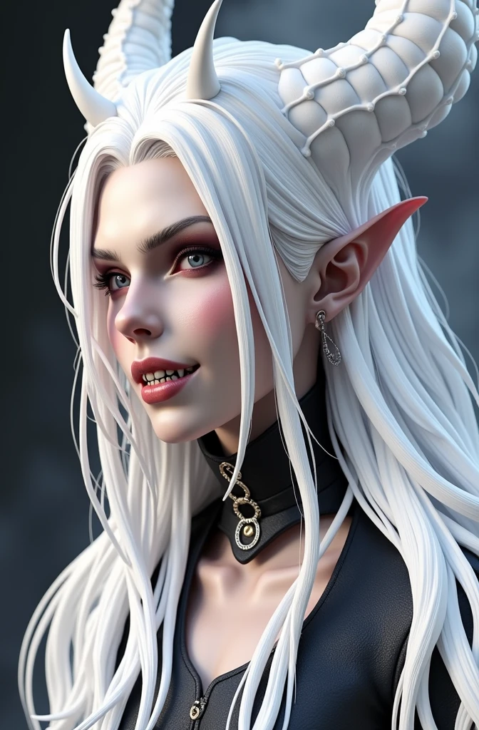 a white-haired demon with horns, highly detailed, intricate, cinematic lighting, dramatic pose, dark and moody atmosphere, deep shadows, realistic skin texture, glowing eyes, sharp teeth, powerful expression, dramatic lighting, cinematic composition, muted color palette, realistic rendering, epic fantasy style