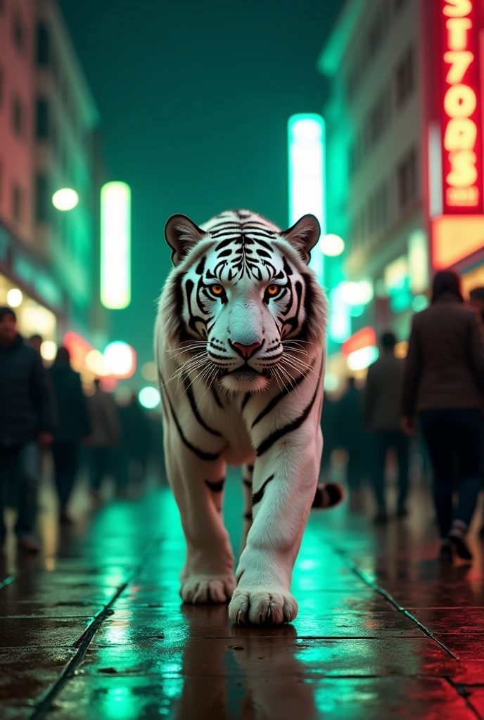 White tiger in London City walking along with people in night with green and red lights