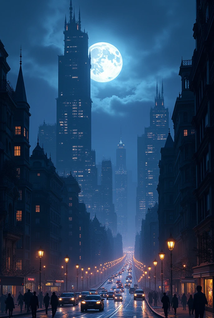 A city at night with a moon