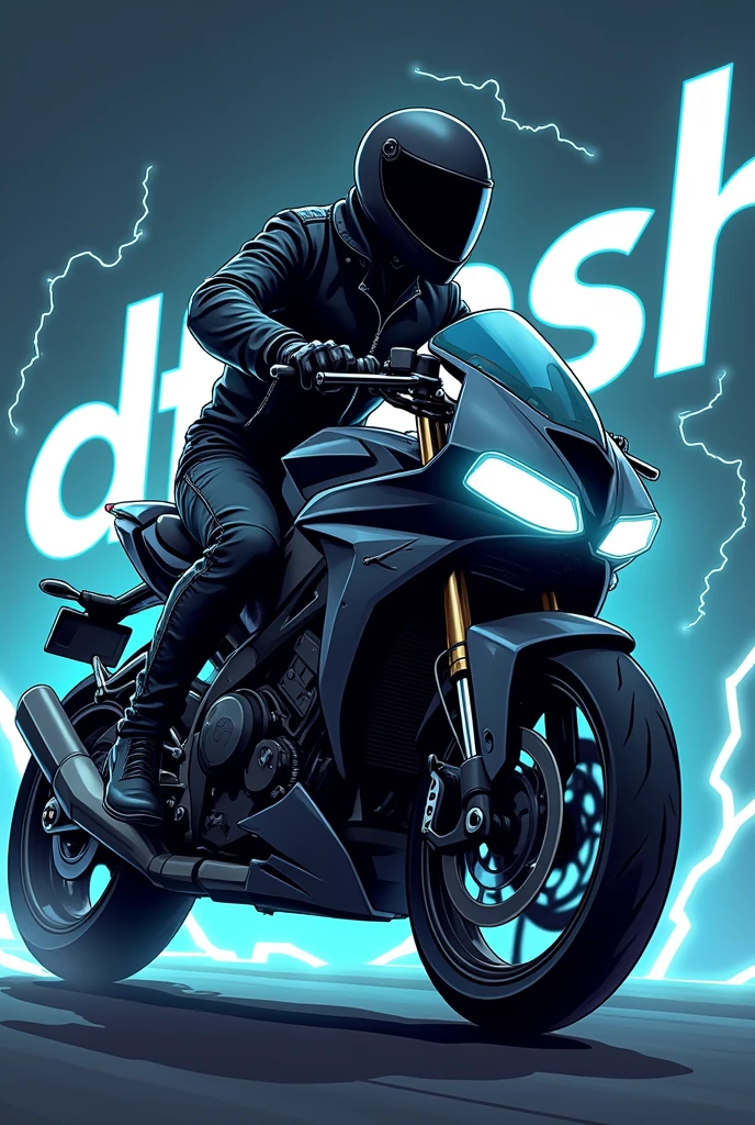Create an image of a motorcycle courier with black clothes and in the background of the image with this name in the background of the image DFLASH cartoonized the image full of lightning I want a dark cartoon