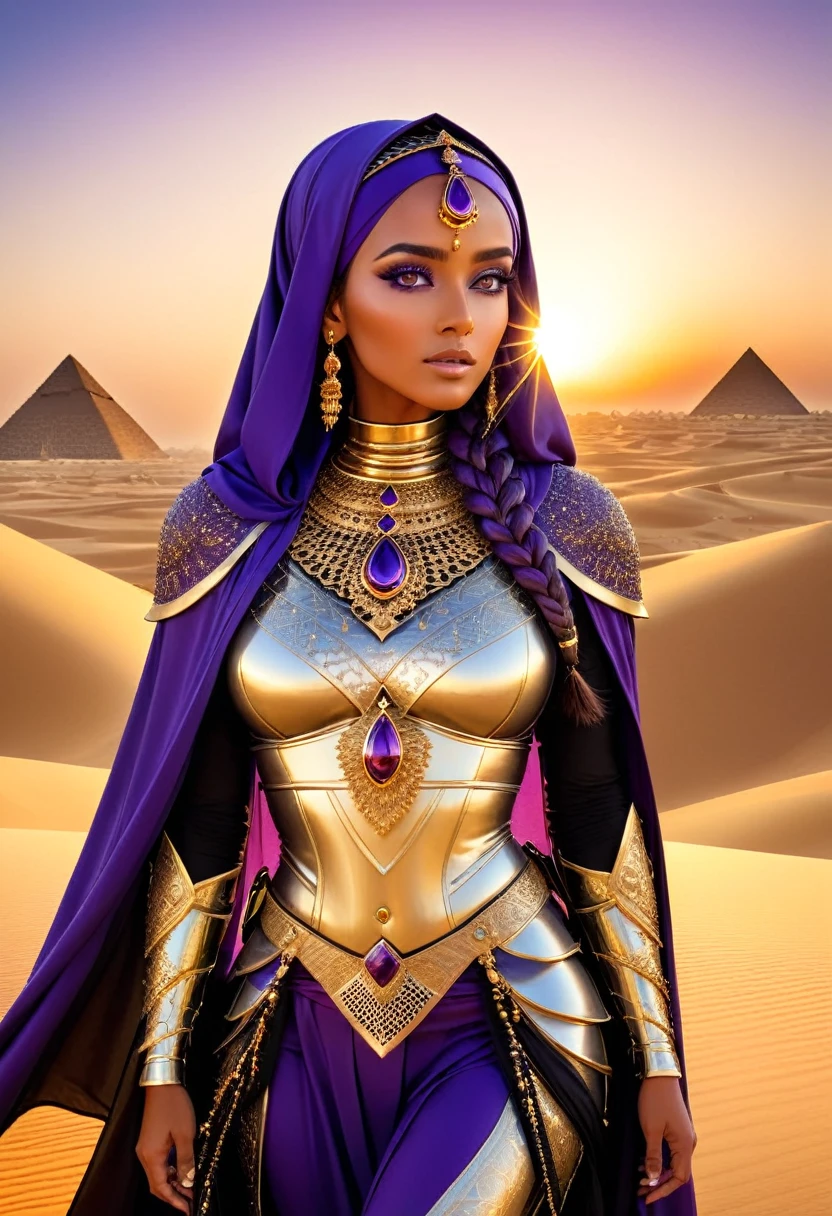 In a breathtaking desert dune landscape under the golden hour sunset, a captivating woman from ancient Arabia stands, her silhouette framed by the pyramids in the distance. She is adorned in an intricate armor outfit, complete with a cape hijab and chest armor accessories, all crafted with Arabian jewelry. Her long, tight braids cascade down her back, contrasting with her vibrant purple eyes that sparkle with intricate detail.