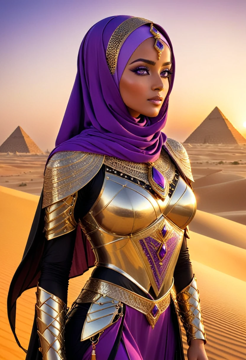 In a breathtaking desert dune landscape under the golden hour sunset, a captivating woman from ancient Arabia stands, her silhouette framed by the pyramids in the distance. She is adorned in an intricate armor outfit, complete with a cape hijab and chest armor accessories, all crafted with Arabian jewelry. Her long, tight braids cascade down her back, contrasting with her vibrant purple eyes that sparkle with intricate detail.