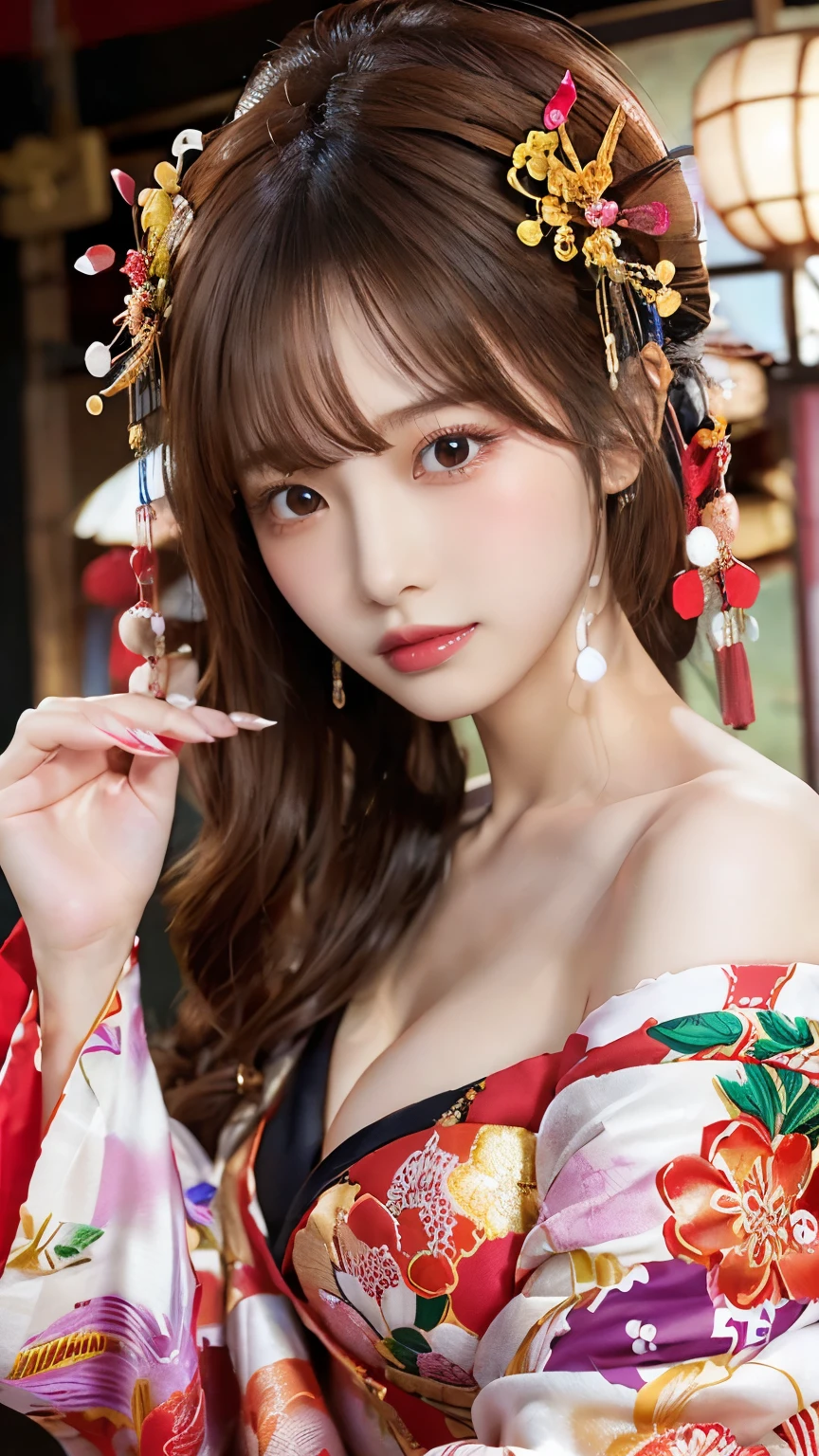 Detailed skin:1.2),(Shiny skin:1.1),8K,Highest quality, masterpiece, Ultra-high resolution,(Realistic:1.4), RAW Photos,(Soft saturation:1.3),(Fair skin:1.2),Half-Japanese beauty,repair,20 years, Light brown hair, (Up-Hairstyles:1.2), Asymmetrical Hair, (Pretty face:1.4), (Small Breasts, Tight waist), Beautiful lighting, (Sexy Oiran:1.2,),Highly detailed face, Highly detailed lips, fine grain, double eyelid, (Sharp focus: 1.2), (Perfect Anatomy),(Beautiful woman with perfect figure: 1.2)、Exposing cleavage、Random sexy poses,(Accentuate your leg lines:1.1)、kimono、Sharp Eyes,smile、Gorgeous hair ornament、Japanese style background