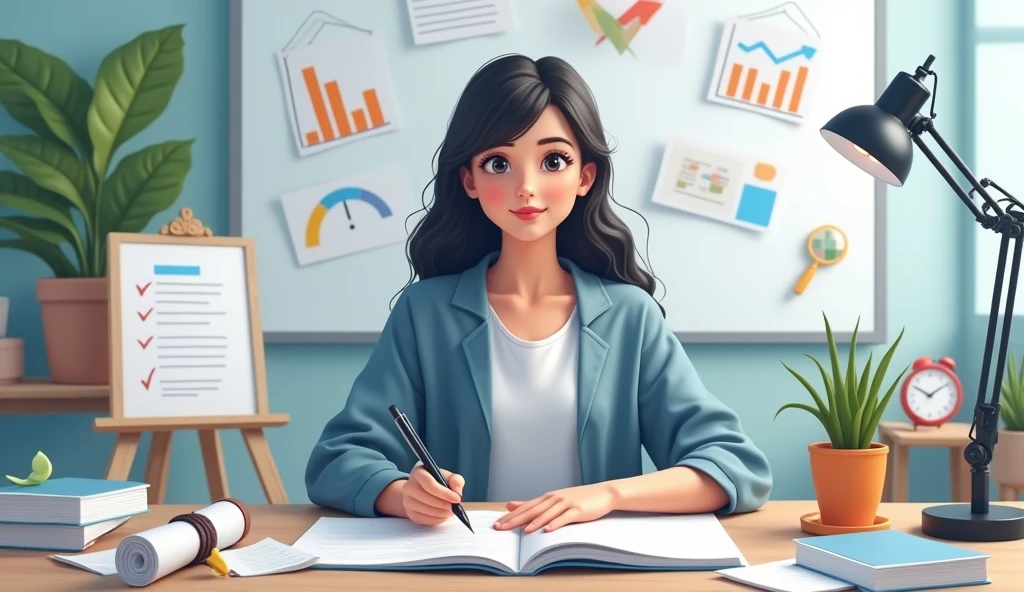 Create a cover image for a YouTube channel with the title 'How to Pass a Public Exam with These Strategies'. The image must be professional and attractive, with the following characteristics:
Background: Use a background that evokes an academic or study environment, like a study table or a whiteboard with charts and notes.
main image: Include a centered image of a person studying or a picture of a student with study materials., like books or a computer. Additional Elements: Include icons or graphics related to studies and competitions, as diplomas, progress charts or calendars.