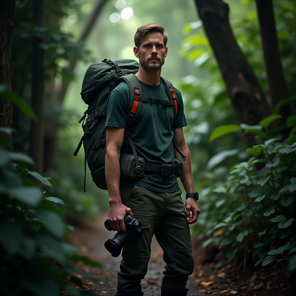 A full body, cinematic portrait of a American-looking man with short hair wearing boots. He is 170 cm tall and weighs 70 kg. He is wearing a dark green t shirt and a North Face backpack, standing in side corner in a rainforest with a Nikon DSLR camera. He is an outdoor photographer. The background has subtle light, creating a magical rainforest scene. The man is standing corner in the rainforest, creating a mystical rainforest atmosphere. He is a professional photographer doing an advertising shoot. His face is looking at the camera, and the portrait is taken from the front. The image should be realistic.