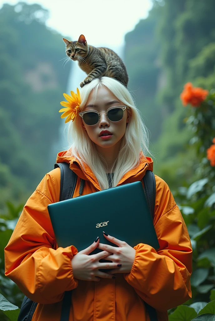Take acer on adventure, Acer notebook main point, close-up portrait of woman while holding acer notebook, asian girl have flower on ears and sun glasses, surrealist, high quality, cinematic, low-key, galaxy paradise fall in background, jungle flower in foreground, a little cat on head,[Ai001 is a famous fashion asian model, platinum detailed short blonde hair], fullbody for north face camping wear, wearing a 90s haute couture streetwear, kodak color film, film grain filter, acer notebook