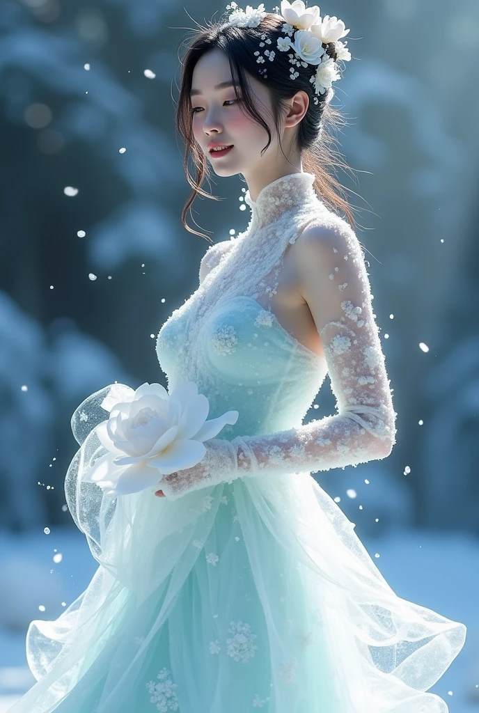 (ice - carving:1.4),Movie Angle,(Fan Bingbing, ice sculpture girl,Anatomically correct,full bodyesbian,Masterpiece ice sculpture camellia,Representative work Hanfu,Smile,sexy,full body arts,traditional arts)