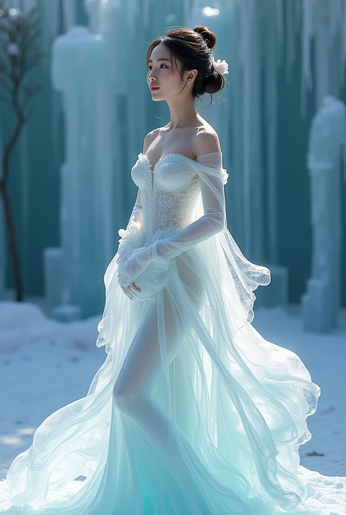 (ice - carving:1.4),Movie Angle,(Fan Bingbing,  ice sculpture girl,Anatomically correct,full bodyesbian,Masterpiece ice sculpture camellia,Representative work Hanfu,Smile,sexy,full body arts,traditional arts)