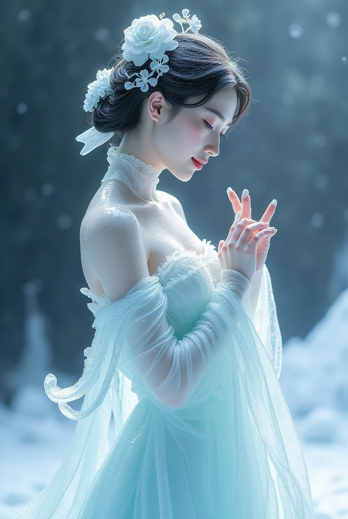 (ice - carving:1.4),Movie Angle,(Fan Bingbing, ice sculpture girl,Anatomically correct,full bodyesbian,Masterpiece ice sculpture camellia,Representative work Hanfu,Smile,sexy,full body arts,traditional arts)