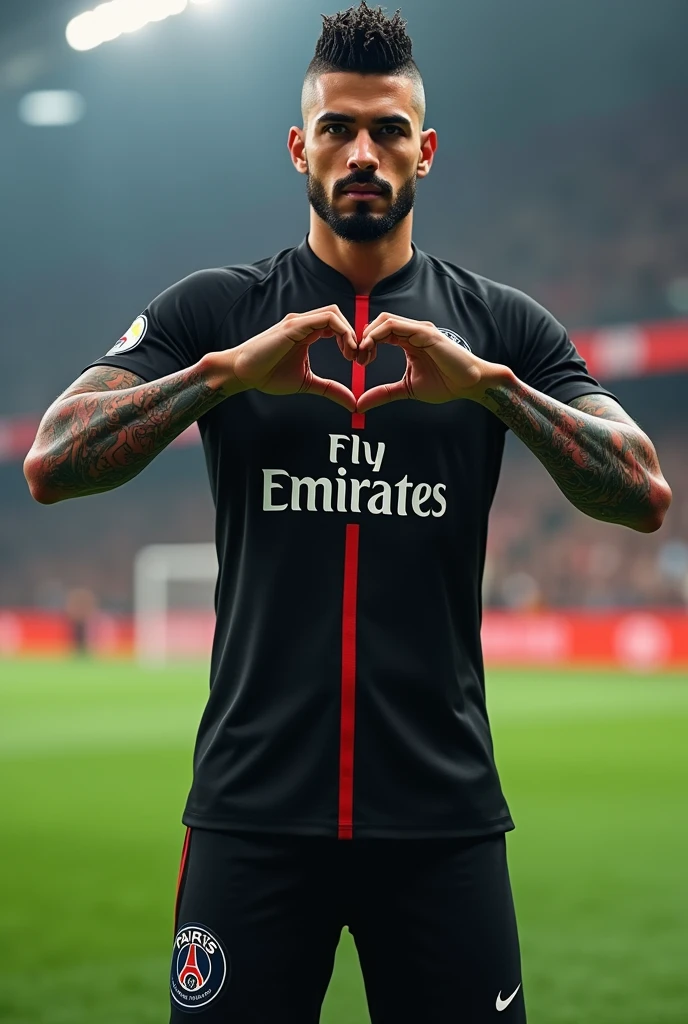 Young 2 sexy Rudo gangster with shaved black hair on the sides with braids brown eyes thick lips athletic body masculine energy and sexy defined chin short trimmed beard colorful tattoo marked biceps wears black colored Homme muslim style is PSG soccer player wears PSG sportswear fluorescent green Nike Mercury sneakers stands in a stadium and makes a heart shape with his hands full body view celebrating pose 