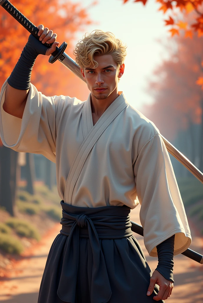 He is a young man in his 20s with an athletic, manly body., Curly blonde hair with a side-swept haircut, This is a big attraction for women., Sharp gaze and blue eyes, Athletic body and perfect posture,Kendo uniform、Japanese sword、Autumn in Japan、dreamy、high resolution、Three-dimensional、A fleeting smile、White、American