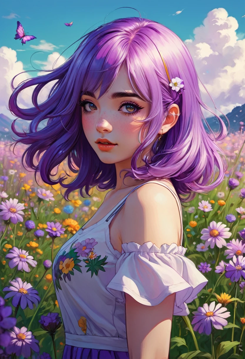 a girl with purple hair standing in a field of flowers, an anime drawing, inspired by loish, pixiv, discord profile picture, jojo anime style, | fine detail anime, beeple and jeremiah ketner
