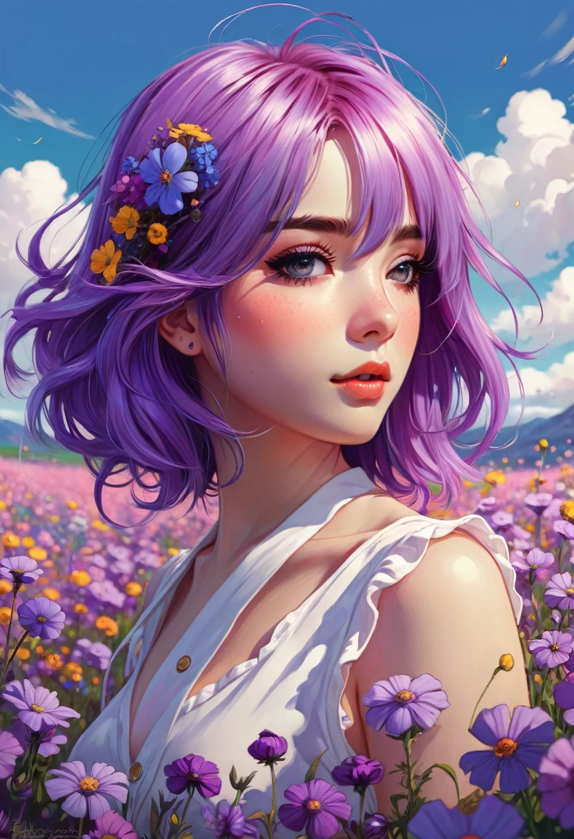 a girl with purple hair standing in a field of flowers, an anime drawing, inspired by loish, pixiv, discord profile picture, jojo anime style, | fine detail anime, beeple and jeremiah ketner
