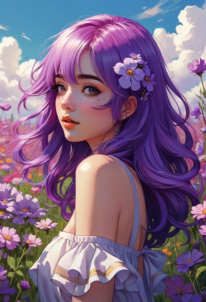 a girl with purple hair standing in a field of flowers, an anime drawing, inspired by loish, pixiv, discord profile picture, jojo anime style, | fine detail anime, beeple and jeremiah ketner