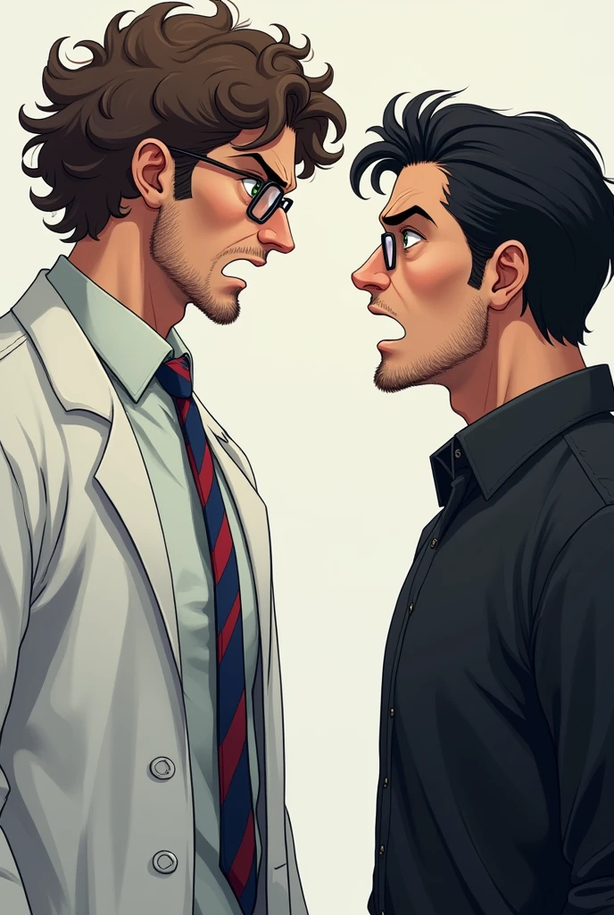 create two guys 20 years on side view looking at each other, in the left the guy is taller has eye glasses and has brown wavy curly hair, he wears lab gown over white long sleeves and blue and red stripes tie, has green eyes looking at the other guy angrily, the other guy beside him wears black clothes has wavy black hair and looks as if he's trying to provoke the other guy. 