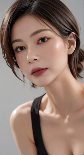 8K Ultra HD、RAWphotograph、モデルphotograph撮影、Asian race, European laces, (masterpiece, Highest quality, photoGenuineistic, High resolution, photograph: 1.3), close, focus on, Hot Model, slim, 40 year old mature woman、Small face、Shortcuts、Dark brown hair、Beautiful eyes in every detail、Genuineな肌, (Perfect body), Sexy hot face, erotic, sexual sight, slim, Sweat top, Beautiful eyes in every detail、Glossy Lips、Small breasts、、Bust B cup、((Bright light、Dynamic Lighting、Genuine、超Genuine、 Genuineism、Genuineistic details、Cool Beauty、Cool pose、Background gray、Plain gray background