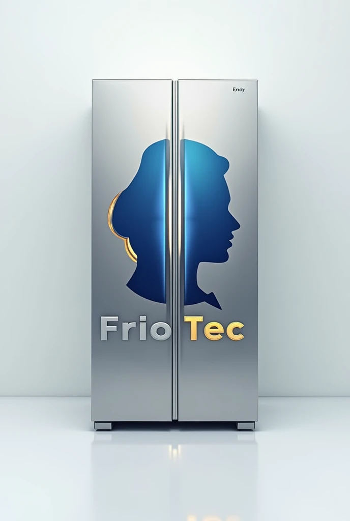 Logo based on the silhouette of a refrigerator with a fine and elegant style with the name frio tec and the slogan cold technicians using silver blue and gold colors 