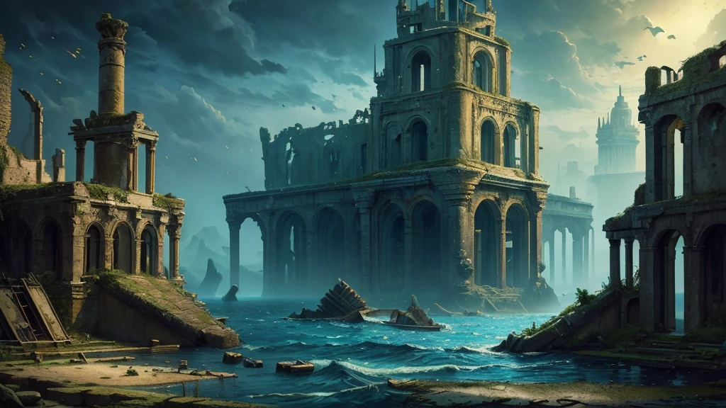((masterpiece)),((Highest quality)),((High Detail)),nobody,background,Undersea ruins, Sunken ancient city, deep sea, The ruined palace, dark, Old swords and shields, Old gold coin, ship wreckage