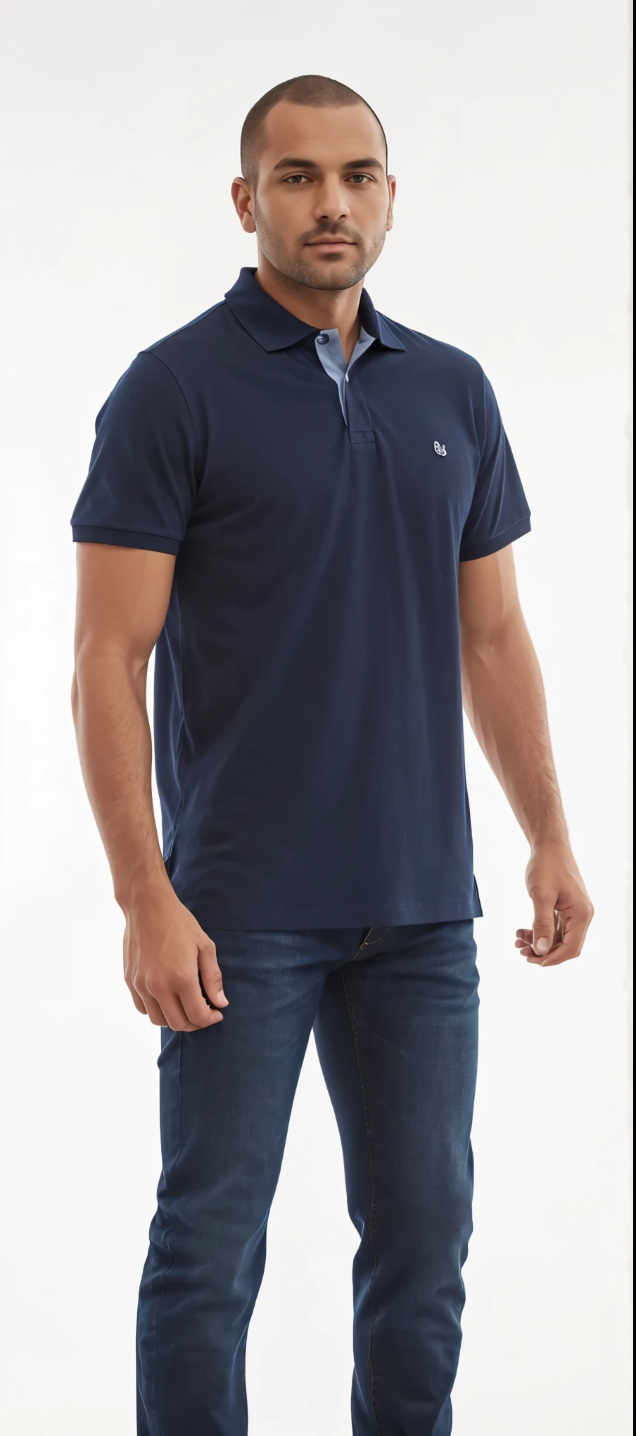 Man in blue shirt and jeans standing with his hands in his pockets, wearing a dark blue polo shirt, wearing polo shirt, manga curta, navy blue shirt, dark blue shirt, wearing a tshirt, casual modern clothing, in a dark teal polo shirt, official product image, 4 0 9 6, casual modern clothes