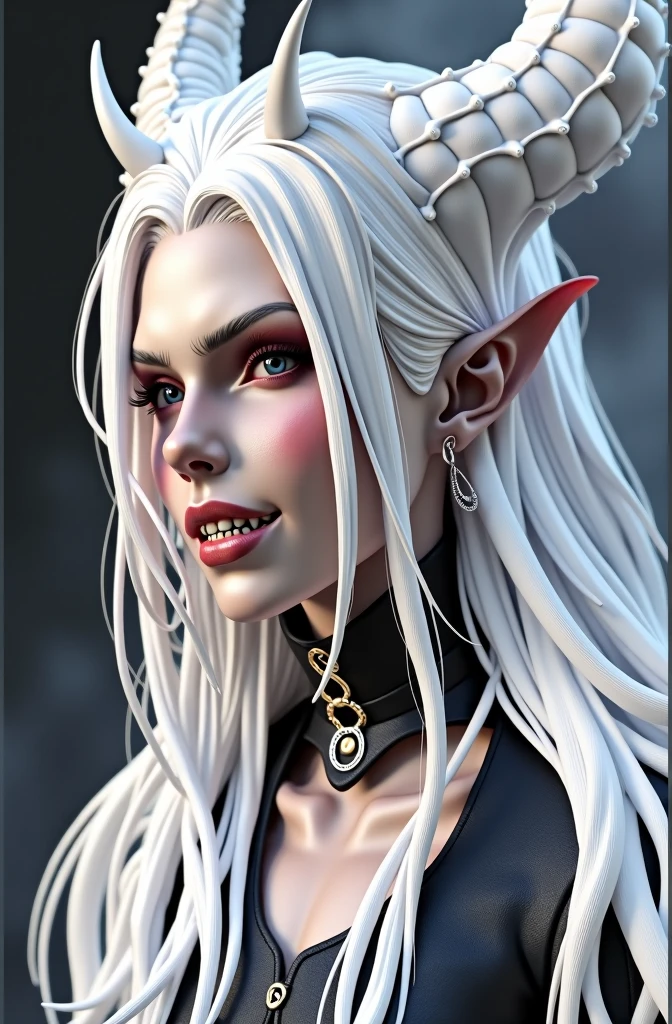 a white-haired demon with horns, highly detailed, intricate, cinematic lighting, dramatic pose, dark and moody atmosphere, deep shadows, realistic skin texture, glowing eyes, sharp teeth, powerful expression, dramatic lighting, cinematic composition, muted color palette, realistic rendering, epic fantasy style
