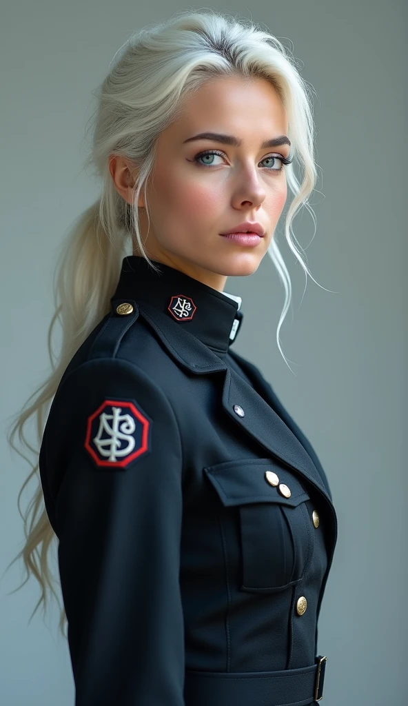 A full-body view of a beautiful young woman with white hair and light blue eyes. The image is captured from a slightly low angle, emphasizing her strong presence. She is wearing a detailed military uniform with a modern, sleek design. Her cheeks are subtly blushed, adding a touch of warmth to her expression. She is glancing to the side, with a composed yet thoughtful look on her face. The background is simple, ensuring she stands out as the focal point of the image.