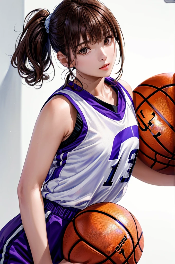 (((Frame In、Solo Shot、Pure white wall background、Highest quality、8k、32K、masterpiece)))、(Realistic)、(Realistic:1.2)、(High resolution)、Very detailed、Very beautiful face and eyes、1 person、Round and small face、Tight waist、Delicate body、(close、Highest quality、Attention to detail、Rich skin detail)、(Highest quality、8k、Oil paints:1.2)、Very detailed、(Realistic、Realistic:1.37)、Bright colors、(((Brown Hair)))、(((Brown hair)))、(((Side Ponytail)))、(((Cowboy Shot)))、(((Bob Hair)))、(((The bangs are uniform)))、(((Pure white wall background)))、(((Wearing a basketball uniform)))、(((purple basketball outfit)))、(((A triumphant look)))、(((1 female)))、(((Tank top style uniform)))、