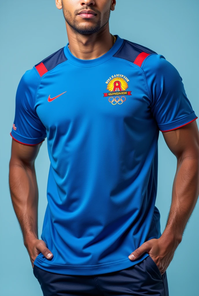 make a blue sports shirt with some atlanta olympics themed details 
