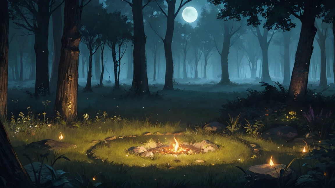 Forest Glade, small fire in a circle of stones, grass bushes, fireflies, fern, night, лес nightю, dark sky and bright moon, (Masterpiece, Best quality), Creepy misty forest illustration, volumetric lighting, Moonlight, ray tracing, Resolution 8K, gothic aesthetics