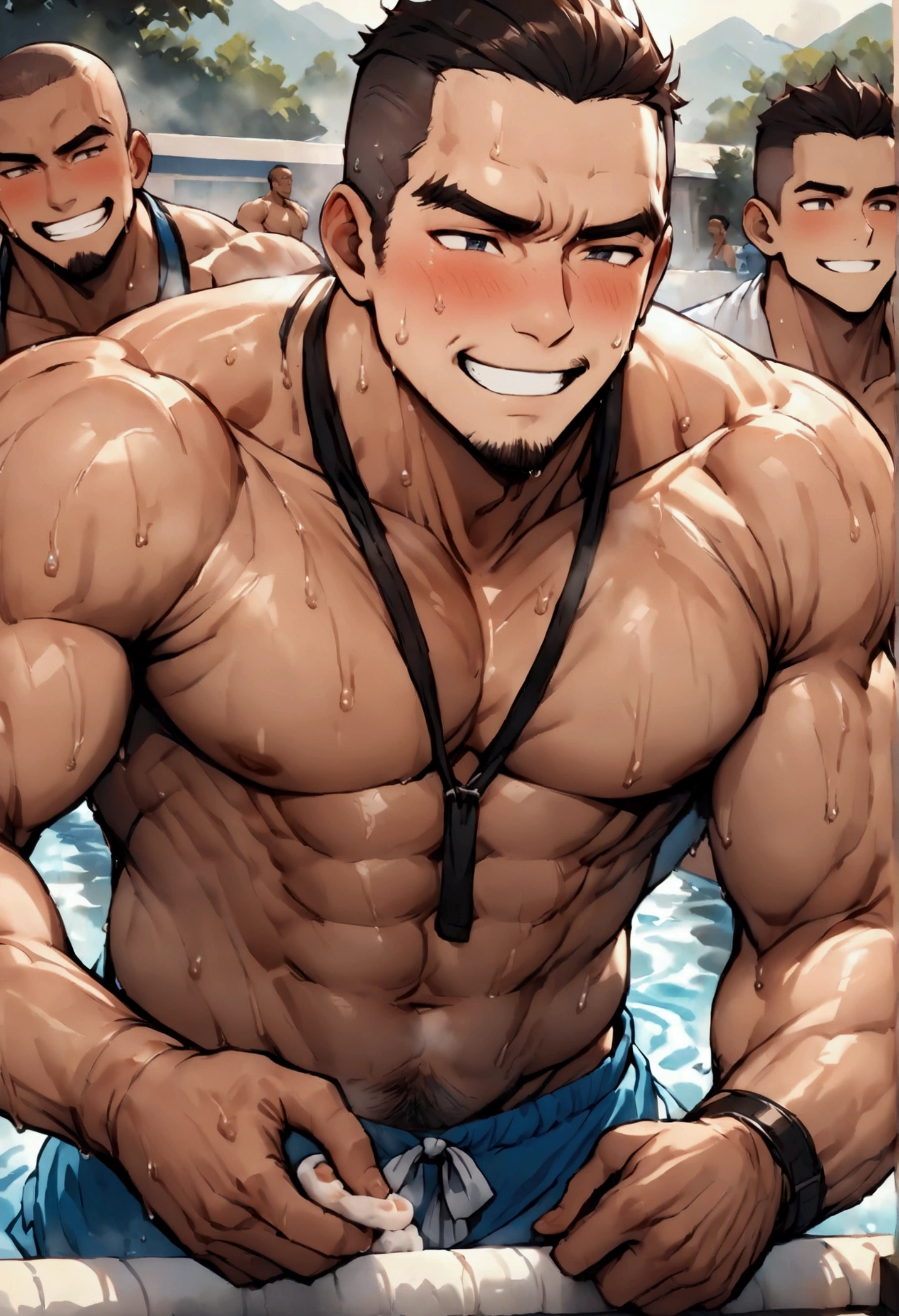 Highest quality、masterpiece、(muscular male:1.2)、(father:0.5)、Shaved head、Pool lifeguard、Happy face、(sweat:1.3)、(steam:1.1)、gangbang、3boys