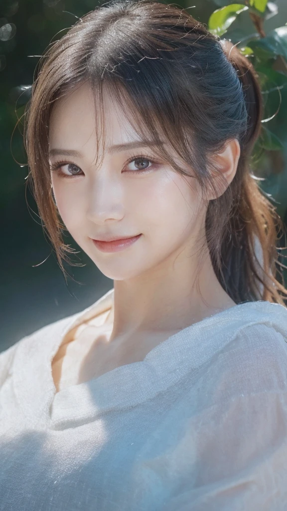 1girl, beautiful detailed eyes, beautiful detailed lips, extremely detailed eyes and face, longeyeLashes, realistic skin, wet hair, messy hair, 8k, masterpiece, photorealistic, realistic fabric, deep dark eyes, graceful face, looking at viewer, movie-like style, cinematic, detailed hair strands, perfect makeup, light and shadow effects, chiaroscuro, clear blue sky background, ponytail, realistic lighting, high quality, smile