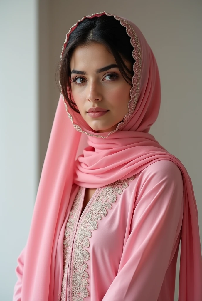 best quality, masterpiece:1.3 portrait), detailed, perfect face,hijab satin pink . 35year old women, (( . ((Nude breast))((Full body nude). ((Big tight)).skinny . medium busty breast saggy.