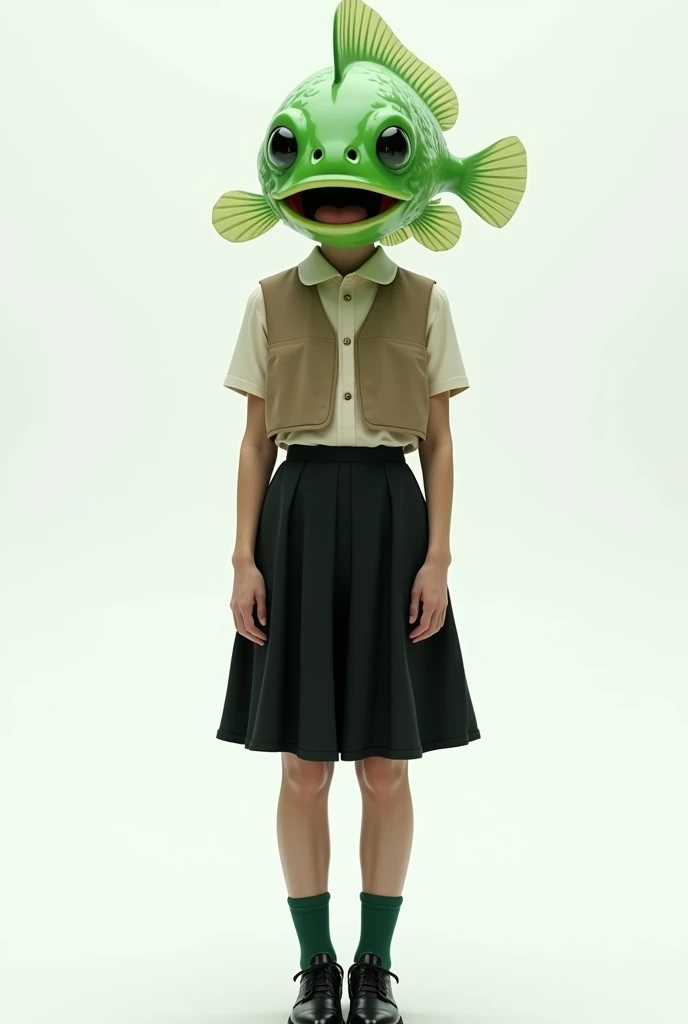 ((Highest quality)), ((photorealistic, hyperrealistic photo, portrait)), (front), green blow fish with a female head, A woman with a human body, She is wearing an off-white collared short-sleeved shirt, a light brown vest, a knee-length black skirt, dark green socks, and black shoes., Background is white, Photorealistic images,