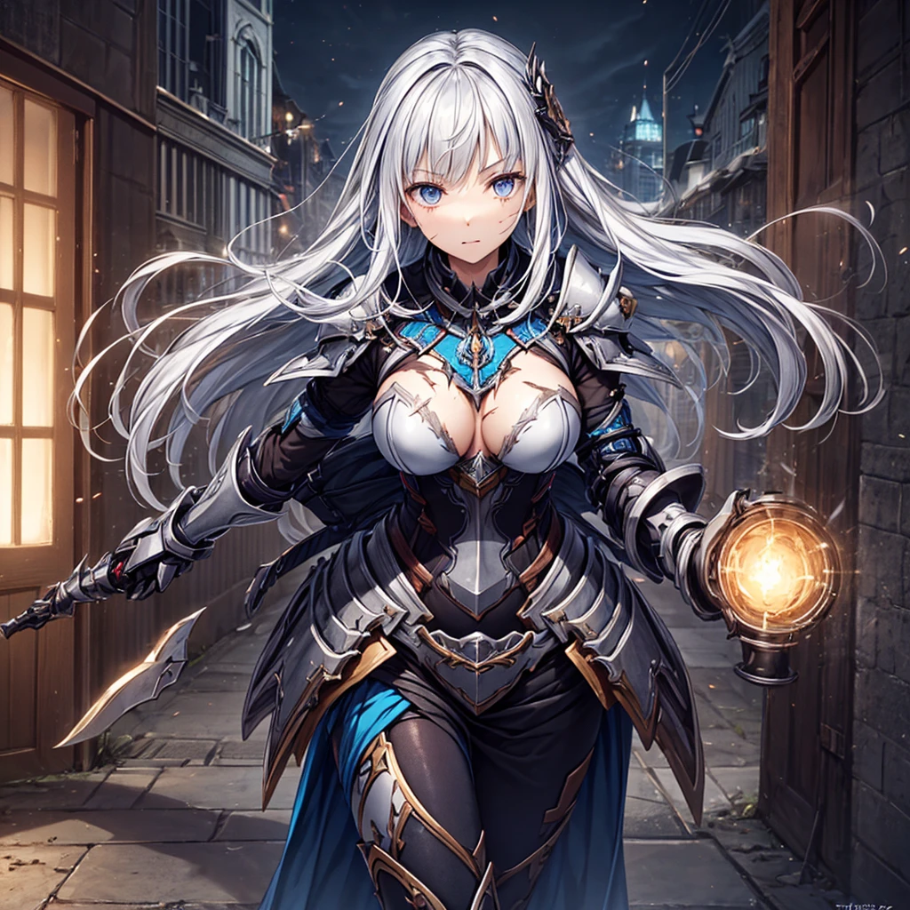 (((Best resolution, Textured skin, high quality, Caution about scars, Precise CG unification, game CG))), (One adult woman), (violet long hair), Are standing, (action pose: 1.4), dynamic angle, (white armor), sacred knight, add_detail:1, add_detail:0, add_detail:0.5, cinematic, ethereal_atmosphere, perfect_lighting, scenery, fantasy