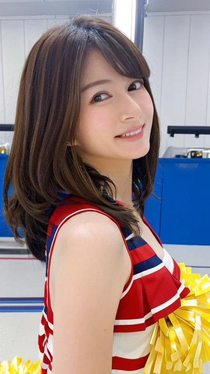 Realistic、Masseter region、Highest quality、High resolution、RAW Photos、Realistic、Bright lighting、Face Light、Smooth Professional Lighting、Japanese women、Beautiful woman、Modeled、gravure、sexy、so beautiful、Realisticで美しい肌、Beautiful and detailed、Detailed face、slim、Large Breasts、Cleavage、short hair、Brunette Hair、Brown eyes、Looking into the camera、Cheerleader、Cheerleader、Cheerleader、smile