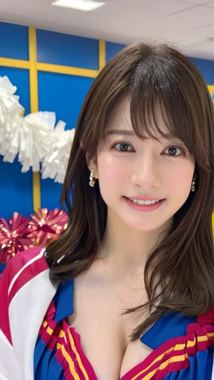 Realistic、Masseter region、Highest quality、High resolution、RAW Photos、Realistic、Bright lighting、Face Light、Smooth Professional Lighting、Japanese women、Beautiful woman、Modeled、gravure、sexy、so beautiful、Realisticで美しい肌、Beautiful and detailed、Detailed face、slim、Large Breasts、Cleavage、short hair、Brunette Hair、Brown eyes、Looking into the camera、Cheerleader、Cheerleader、Cheerleader、smile