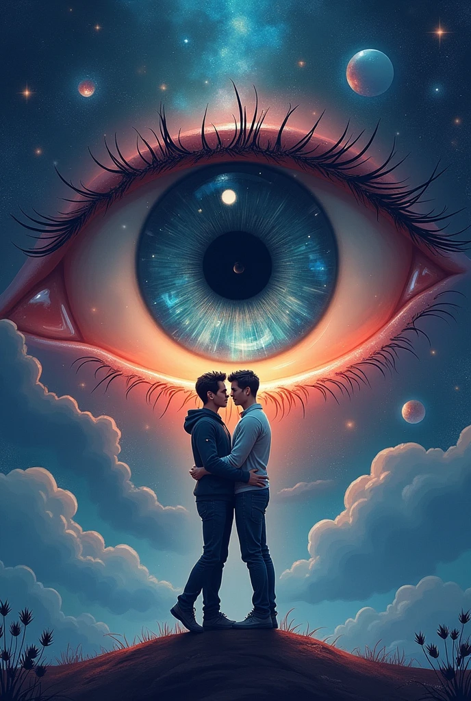 Create me a good book cover like the background is a some sort of the universe and in between or in any part, there is a big mysterious eye, and inside that eye, there is the symbol Yin and Yang, and create a two men holding hands, and show that they are really In love Make it fantasy vibes and make it simple but artistic , emphasize the Yin and Yang on the eye. Make it more cartoonish, make the yin and yang sign as the eye ball