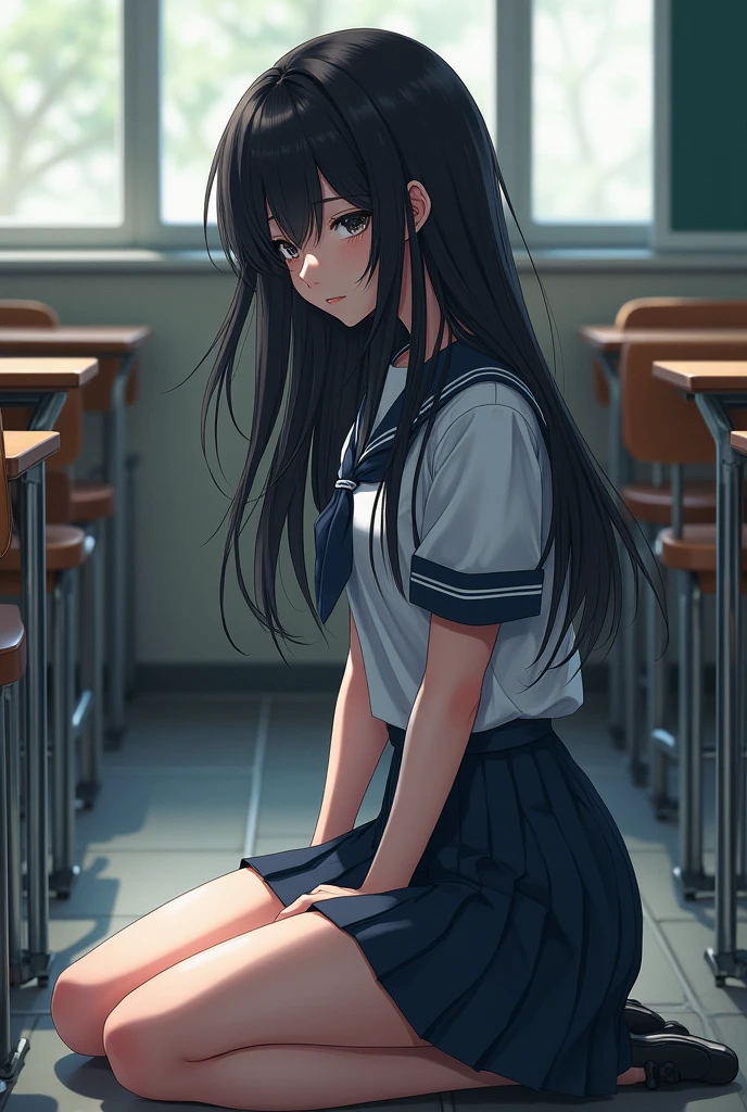 A high school girl with long black hair is kneeling on the floor。
Accentuate your thighs。
Location: Classroom