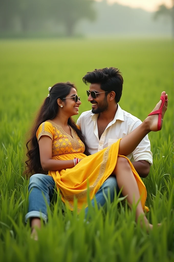 Cute indian boy is the girl front chest of a 16 year indian old girl from both wearing sunglasses, are playfully in a plants fiel paddy plants. The women, dressed in a vibrant yellow dress with intricate patterns, is lying on the man's lap while joyfully kicking one leg in the air, the wearing a white shirt and casually cuffed jeans, is smilling down at her as she holds her leg. The background reveals an expamsive field under plants fields, 34k ultra quality hd image fully sexy